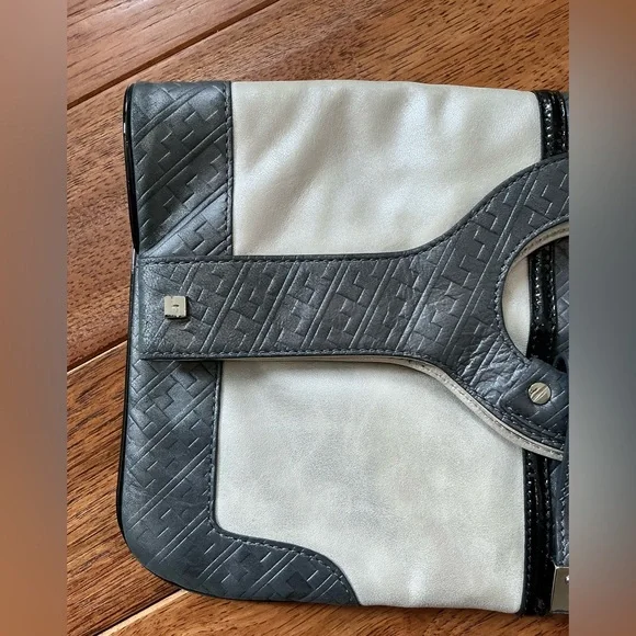 L.A.M.B Metallic Leather Carlisle Foldover Convertible Clutch, Ivory and Gray - Picture 2 of 11